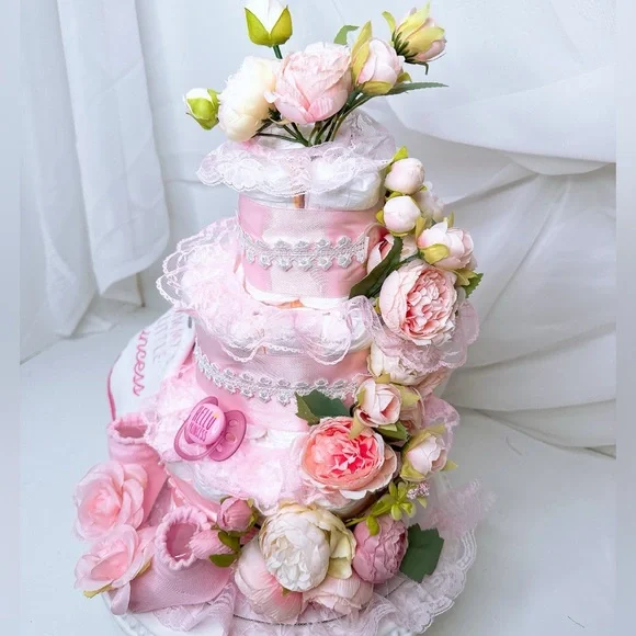 Pink Floral Diaper Cake, Peonies Diaper Cake